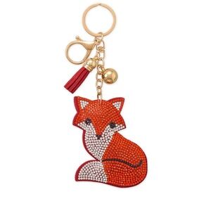 Crystal Fox Bag Charm Key Chain with Gold Tone Hardware Tassel Orange New